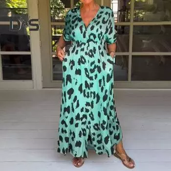Женское платье с V-образным вырезом и узкой талией, с леопардовым принтом, свободная длина до щиколотки, однобортное, контрастного цвета, с карманами, мягкое женское платье макси с разрезом подол M жёлтый