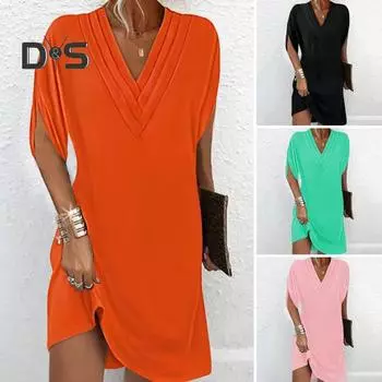 Женское платье с v-образным вырезом, плиссированное, с рукавами «летучая мышь», однотонное, свободное, мягкое, дышащее, мини-платье выше колена для поездок на работу S зелёный