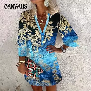 Женское платье с V-образным вырезом и длинными рукавами на весну и осень S синий