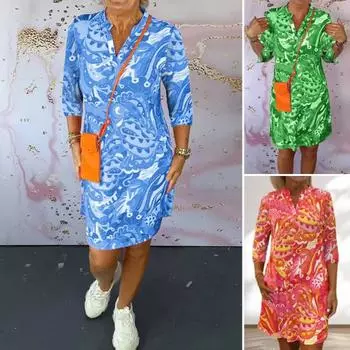 Женское платье с V-образным вырезом 45355, платье А-силуэта с ярким цветным принтом, длиной до колена, для отпуска M синий