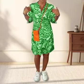 Женское платье с V-образным вырезом 45355, платье А-силуэта с рукавами, яркое цветное платье длиной до колена, повседневная одежда для отпуска M зелёный