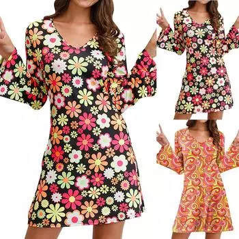 Женское платье с v-образным вырезом и длинными рукавами и повседневная юбка с расклешенными рукавами с цветочным принтом XL чёрный