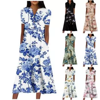 Женское платье с v-образным вырезом и короткими рукавами, повседневное платье с принтом в горошек и карманами L чёрный