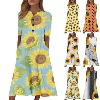 Женское платье с v-образным вырезом и короткими рукавами, повседневное платье с принтом и карманами L чёрный