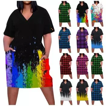 Женское платье с V-образным вырезом и коротким рукавом. Летние платья. Платье-рубашка с принтом и карманом. XXL чёрный