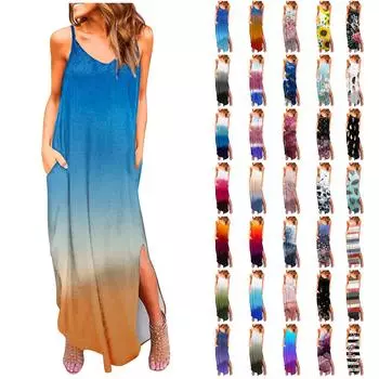 Женское платье с V-образным вырезом, принтом, регулируемым разрезом, круглым подолом, длинное платье с карманами L бежевый