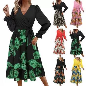 Женское платье с V-образным вырезом, длинными рукавами, принтом в стиле пэчворк, юбка средней длины А-силуэта L темно-зеленого