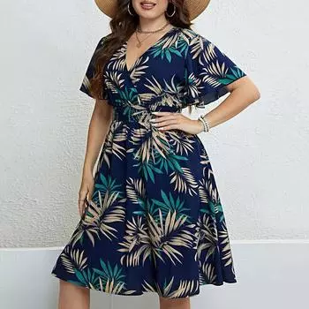 Женское платье с V-образным вырезом, присборенное на талии, с коротким рукавом, с принтом 3XL