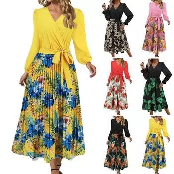 Женское платье с V-образным вырезом, длинными рукавами, принтом и складками, юбка А-силуэта средней длины L чёрный