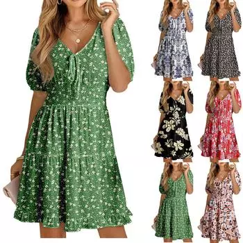 Женское платье с V-образным вырезом, летнее платье с плиссированной резинкой на талии, А-силуэтное платье L хаки