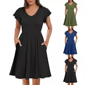 Женское платье с V-образным вырезом, летнее платье с плиссированной резинкой на талии, А-силуэтное платье L армия зеленый