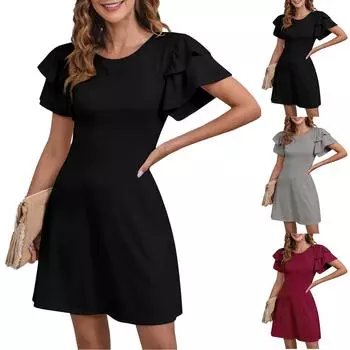 Женское платье с V-образным вырезом, летнее платье с плиссированной резинкой на талии, А-силуэтное платье L чёрный
