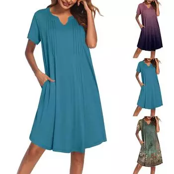 Женское платье с V-образным вырезом, летнее платье с плиссированной резинкой на талии, А-силуэтное платье XXL
