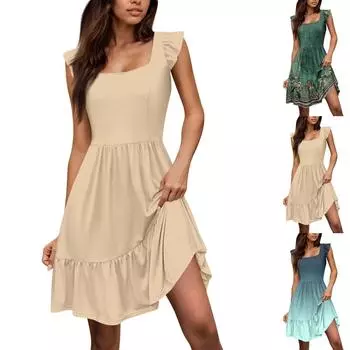 Женское платье с V-образным вырезом, летнее платье с плиссированной резинкой на талии, А-силуэтное платье L бежевый
