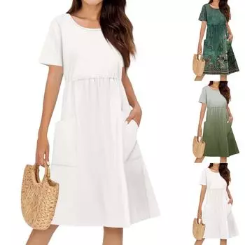 Женское платье с V-образным вырезом, летнее платье с плиссированной резинкой на талии, А-силуэтное платье L чёрный