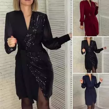 Женское платье с V-образным вырезом, пайетками, сеткой, лоскутным рукавом, шнуровкой, тонкой талией, неровным подолом, длиной до колена, официальное платье миди в деловом стиле S темно-красного