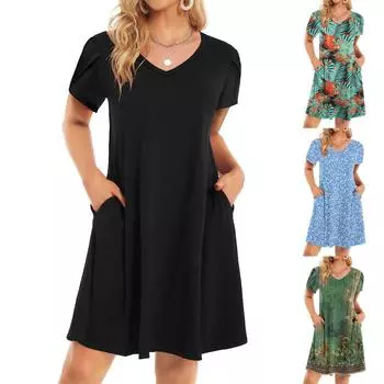 Женское платье с V-образным вырезом, летнее платье с плиссированной резинкой на талии, А-силуэтное платье L чёрный