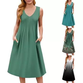 Женское платье с V-образным вырезом, летнее платье с плиссированной резинкой на талии, А-силуэтное платье L темно-зеленого