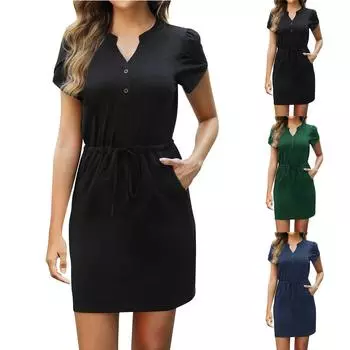 Женское платье с V-образным вырезом, летнее платье с плиссированной резинкой на талии, А-силуэтное платье L чёрный