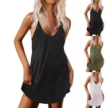 Женское платье с V-образным вырезом, летнее платье с плиссированной резинкой на талии, А-силуэтное платье L армия зеленый