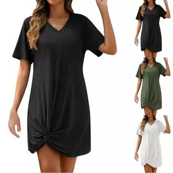 Женское платье с V-образным вырезом, летнее платье с плиссированной резинкой на талии, А-силуэтное платье L армия зеленый