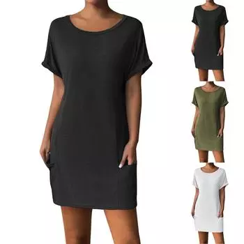 Женское платье с V-образным вырезом, летнее платье с плиссированной резинкой на талии, А-силуэтное платье L армия зеленый