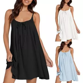 Женское платье с V-образным вырезом, летнее платье с плиссированной резинкой на талии, А-силуэтное платье L чёрный