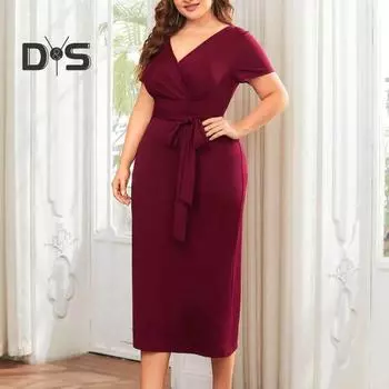 Женское платье с V-образным вырезом, большого размера, с коротким рукавом, с поясом, узкая талия, однотонное, облегающее, длиной до середины голени, мягкое вечернее платье, официальное платье миди L вино красного