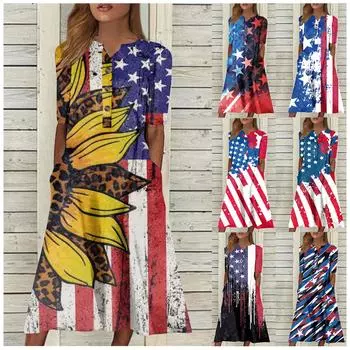 Женское платье с v-образным вырезом и короткими рукавами, повседневное платье с принтом в горошек и карманами на День независимости XL синий