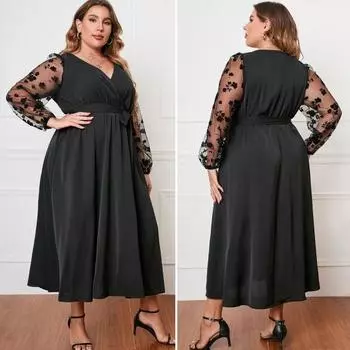 Женское платье с v-образным вырезом и вышивкой, кружевное сетчатое платье миди с длинными рукавами, платье с высокой талией и поясом XL чёрный
