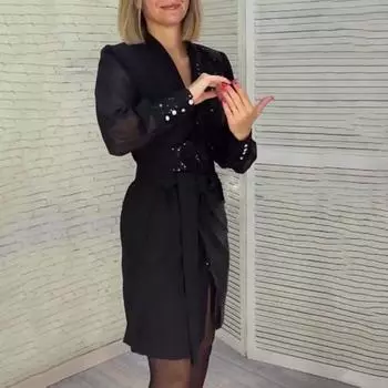 Женское платье с V-образным вырезом, пайетками, сеткой, лоскутным рукавом, шнуровкой, тонкой талией, неровным подолом, длиной до колена, официальное платье миди в деловом стиле S темно-красного