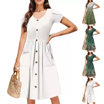 Женское платье с V-образным вырезом, летнее платье с плиссированной резинкой на талии, А-силуэтное платье L чёрный