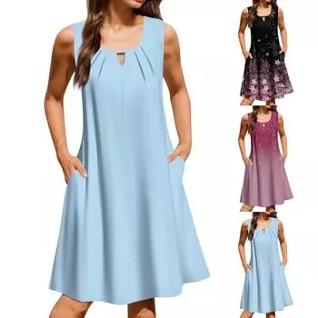 Женское платье с V-образным вырезом, летнее платье с плиссированной резинкой на талии, А-силуэтное платье L чёрный