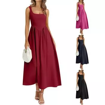 Женское платье с V-образным вырезом, летнее платье с плиссированной резинкой на талии, А-силуэтное платье XXL чёрный