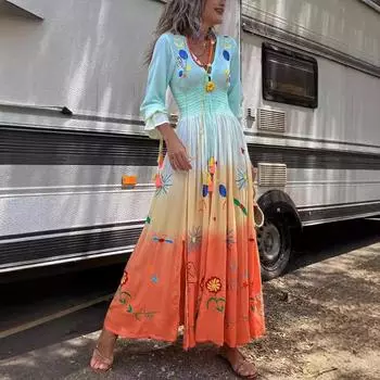 Женское платье с V-образным вырезом, принтом, шнуровкой, бахромой, градиентом, длинными рукавами S