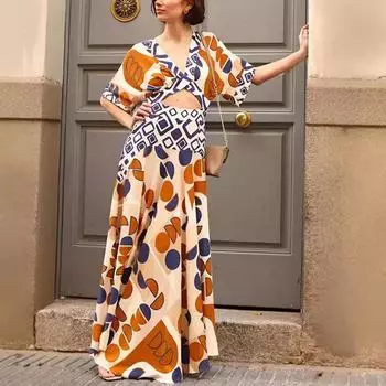 Женское платье с V-образным вырезом и принтом на талии, имитация двух частей S