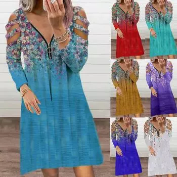 Женское платье с v-образным вырезом и молнией Платье с цветочным принтом Мини-платье Повседневное платье для отдыха S красный
