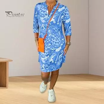 Женское платье с V-образным вырезом и рукавом 3/4, платье А-силуэта, яркое цветное платье длиной до колена, повседневная одежда для отпуска M синий