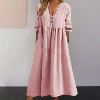 Женское платье с v-образным вырезом и короткими рукавами, кружевное шитье, плиссированные карманы, повседневное свободное платье-миди с подолом XL зелёный