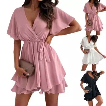 Женское платье с V-образным вырезом, летнее, с перекрестными бретелями, оборками по подолу, шифоновое, повседневное, пляжное платье L чёрный