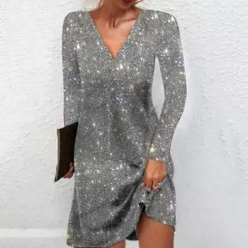 Женское платье с V-образным вырезом и длинным рукавом, блестящее, с пайетками, свободное, однотонное, дышащее, с юбкой А-силуэта, эластичное, элегантное, средней длины платье S чёрный