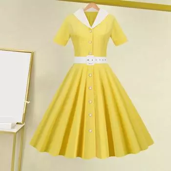 Женское платье с V-образным вырезом, однобортное, с поясом, А-силуэта, облегающее, с высокой талией, однотонное, в стиле ретро, с коротким рукавом, принцесса M чёрный