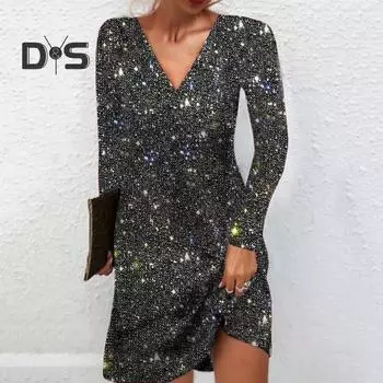 Женское платье с V-образным вырезом и длинным рукавом, блестящее, с пайетками, свободное, А-силуэт, однотонное, мягкое, дышащее, эластичное, выше колена, мини-платье для вечеринок и клуба XL красный