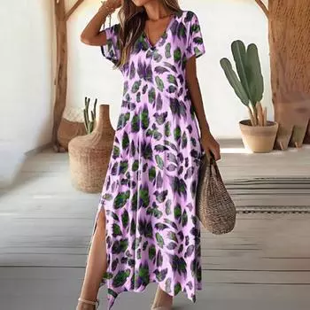 Женское платье с V-образным вырезом и контрастным цветным принтом с коротким рукавом и разрезом подол, свободное до щиколотки, повседневное мягкое дышащее пляжное платье макси для отдыха 2XL хаки