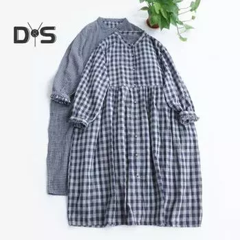 Женское платье с V-образным вырезом, клетчатым принтом, длинным рукавом, однобортное, двухслойное, А-силуэт, свободный подол, плиссированные манжеты, миди-платье весна-осень темно-синий