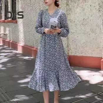 Женское платье с V-образным вырезом, длинным рукавом, цветочным принтом, А-силуэта, с большим подолом «рыбий хвост», мягкая лоскутная отделка, длина до середины голени, женское платье миди L синий