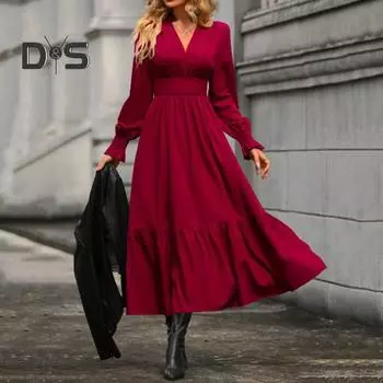 Женское платье с V-образным вырезом, А-силуэтом, плиссированное, в стиле пэчворк, свободный подол, облегающее, с высокой талией, однотонное, с длинным рукавом, мягкое, длиной до середины голени, платье миди на осень и весну M вино красного