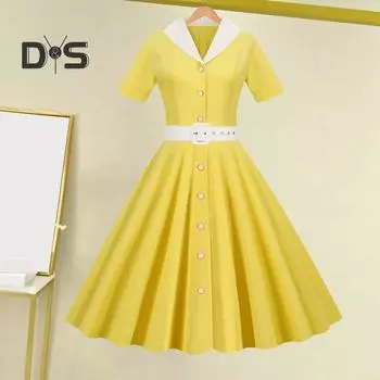 Женское платье с V-образным вырезом, лацканом, однобортное, с поясом, А-силуэта, облегающее, с высокой талией, однотонное, в стиле ретро, с коротким рукавом, в стиле принцессы, женское платье миди XL жёлтый