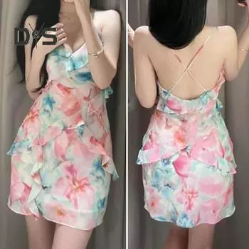 Женское платье с V-образным вырезом, многослойным рюшом и принтом тай-дай, сладкого цвета, с перекрестной спиной, без рукавов, трапециевидной формы, с открытой спиной, без рукавов, летнее мини-платье, короткое для отпуска, пляжной вечеринки M розовый