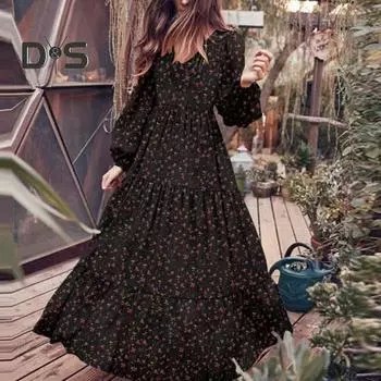 Женское платье с V-образным вырезом и цветочным принтом, трапеция со свободным подолом, пуловер с длинными рукавами-фонариками, плиссированное платье макси с высокой узкой талией, весенне-осеннее платье XL чёрный